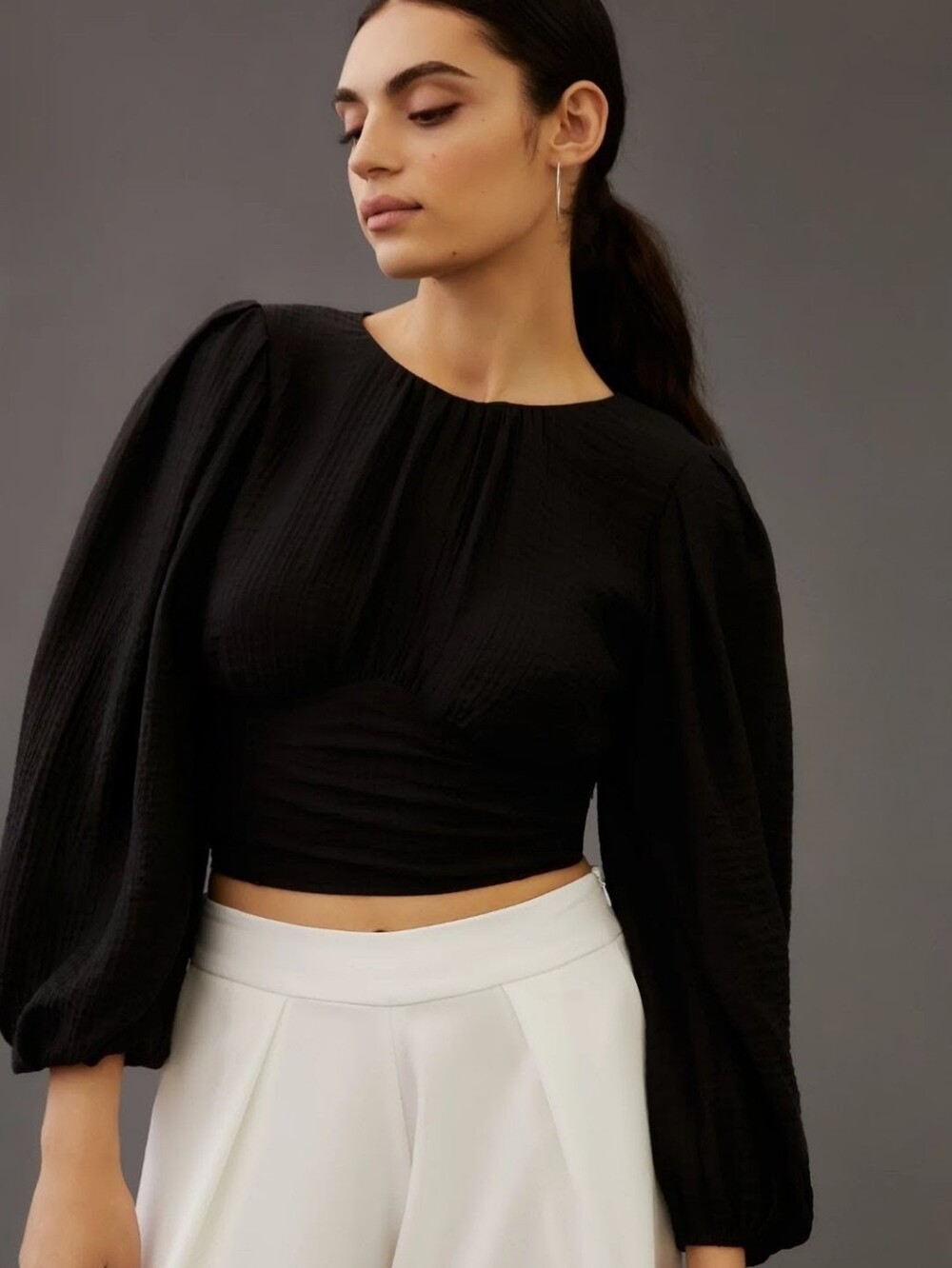 Current Air Sequin Fringe Back Women’s Black Puff-Sleeve Crop Top Size S